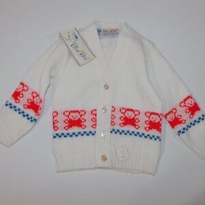 VTG Baby 12M Cardigan Sweater White Red Bear Monkey with Tag Blue Bird Knitwear